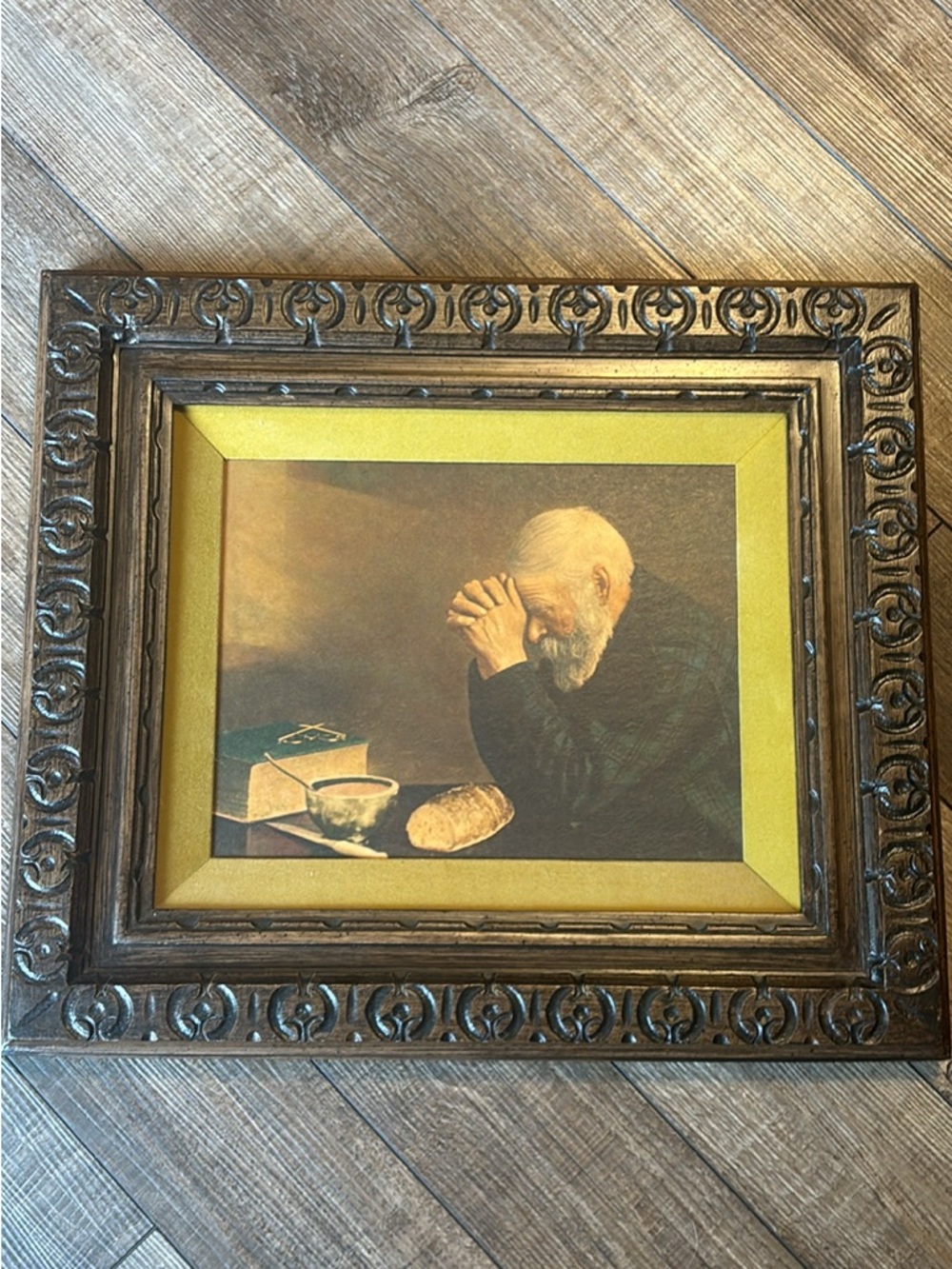 Vintage Prayer Scene Framed Wall Art in Gold & Brown